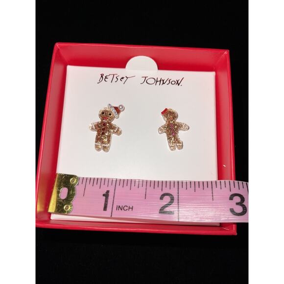 New Betsey Johnson Christmas Gingerbread Stud Earrings Sparkly Santa Hat And Bow - Picture 5 of 6